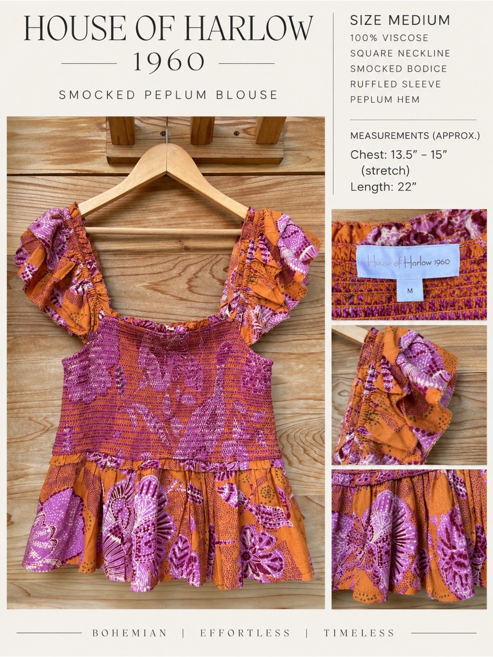 House of Harlow 1960 Smocked Peplum Blouse – Orange Purple Floral – Medium